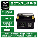 BC Lithium Batteries BCTX7L-FP Batteria Moto al Litio LiFePO4, 0,6 kg, 12V, HJTZ7S-FP / YTX7L-BS / YTZ7S / YTZ8V - BC Battery Controller